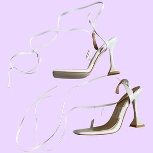 White lace up pyramid heels